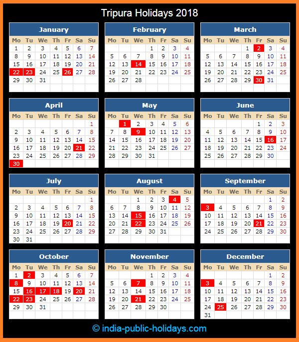 Tripura Holiday Calendar 2018
